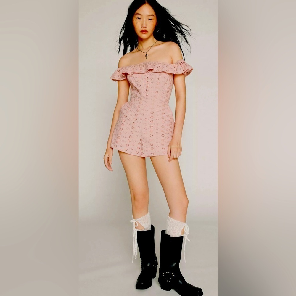 KIMCHI BLUE Jeena Eyelet Off-The-Shoulder Romper Festival Revolve Pink Coquette